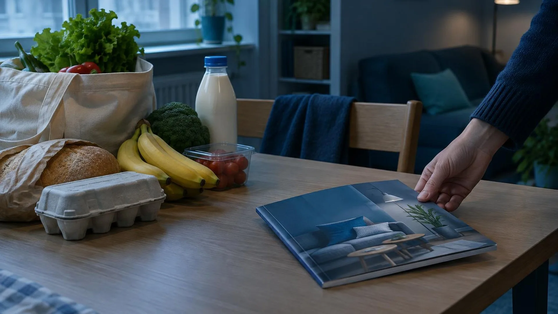 KI-Symbolbild: Lebensmittel und beiseitegelegter Einrichtungskatalog auf einem Tisch