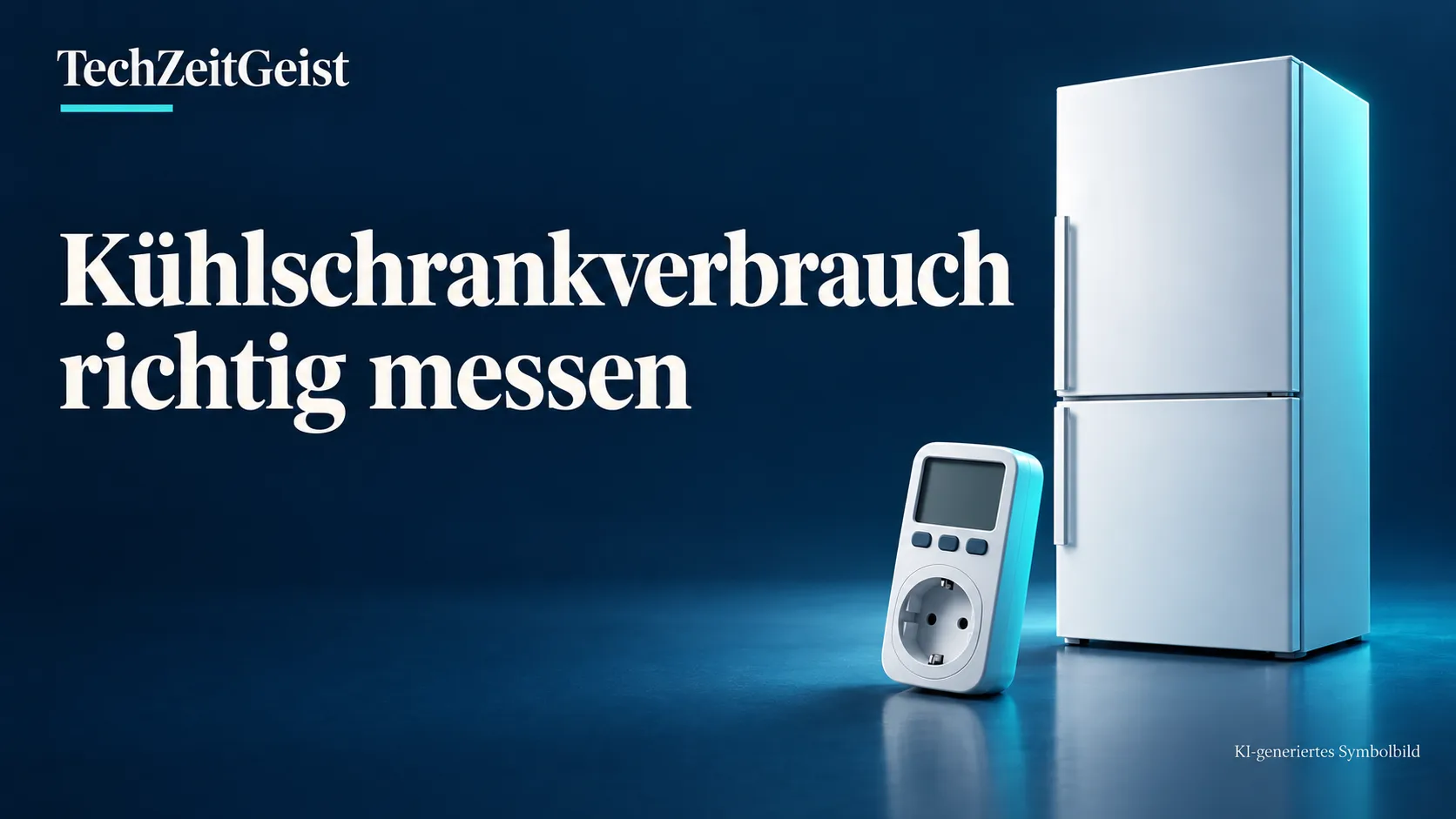 KI-Symbolbild: weißer Kühlschrank und Strommessgerät vor dunkelblauem Hintergrund, mit der Überschrift Kühlschrankverbrauch richtig messen.