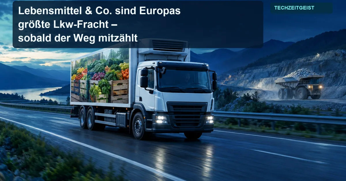 KI-generiertes Symbolbild: Lebensmittel-Lkw und Steinbruchfahrzeug auf einer Straße