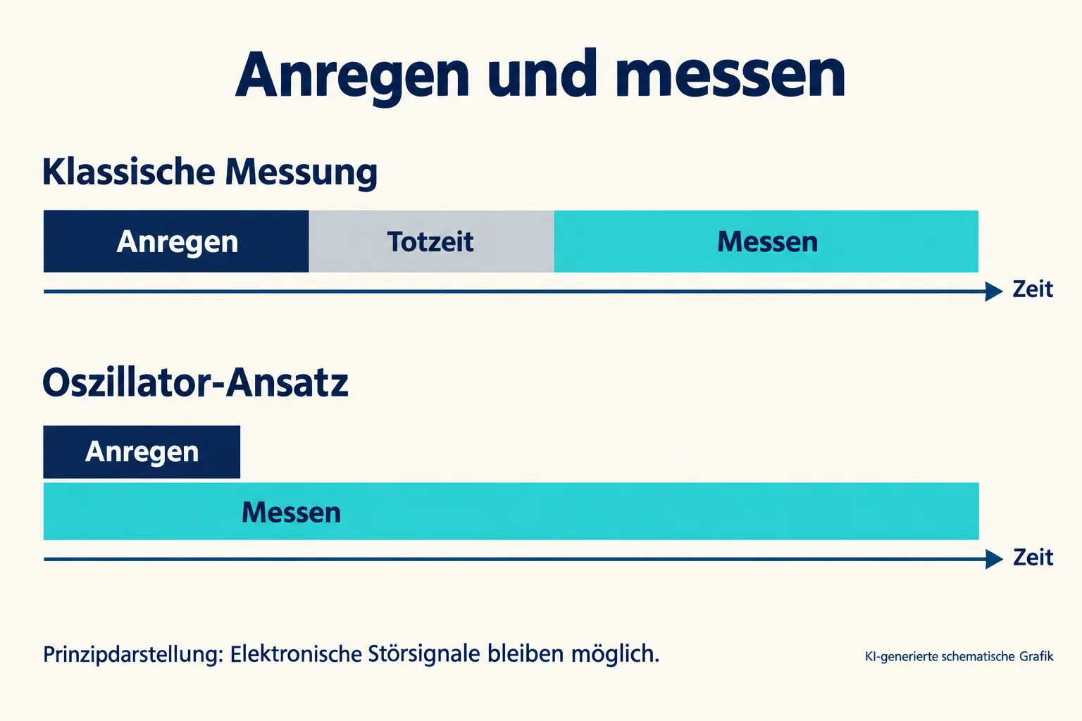 Zwei schematische Zeitabläufe: Bei der klassischen Messung folgen Anregen, Totzeit und Messen aufeinander; beim Oszillator-Ansatz überlappen Anregen und Messen.