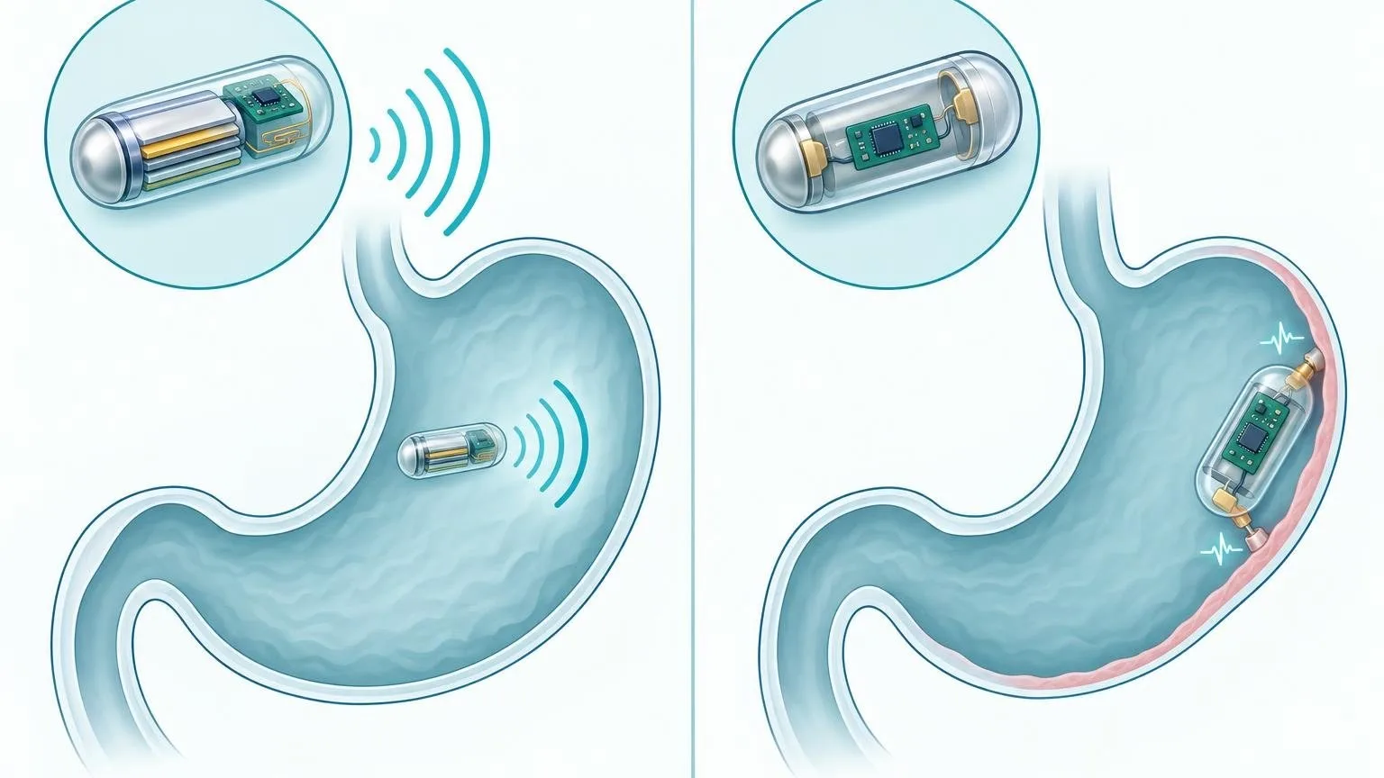Schematische Gegenüberstellung zweier Kapseln im Magen: links ein Funksignal, rechts elektrische Impulse an der Magenwand.