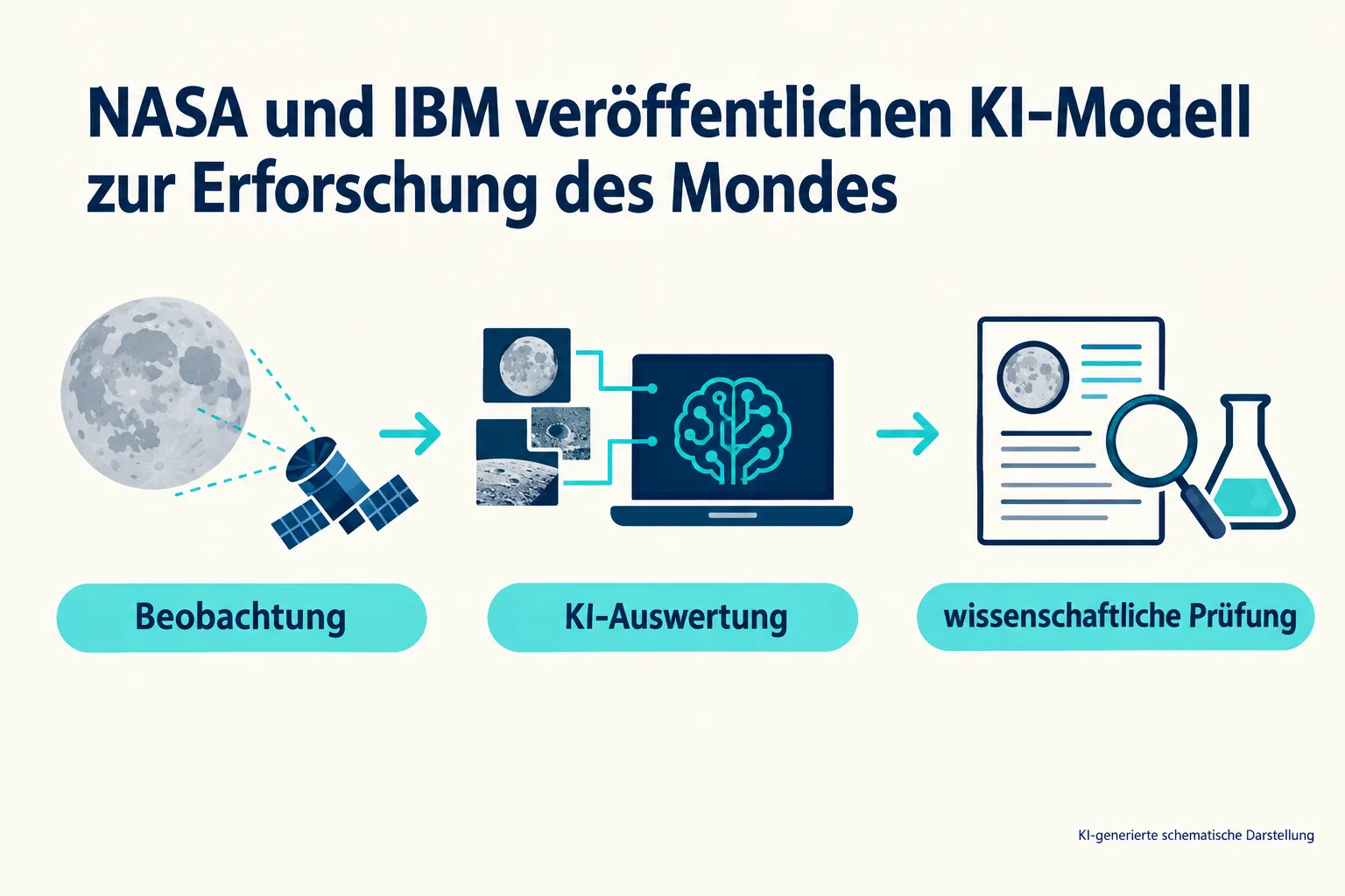 Schema mit Mondbeobachtung, KI-Auswertung und wissenschaftlicher Prüfung.