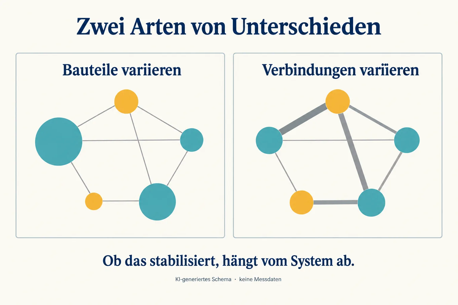 Zwei Netzwerkschemata: links unterschiedlich große Knoten mit gleichen Linien, rechts gleiche Knoten mit unterschiedlich starken Verbindungslinien.