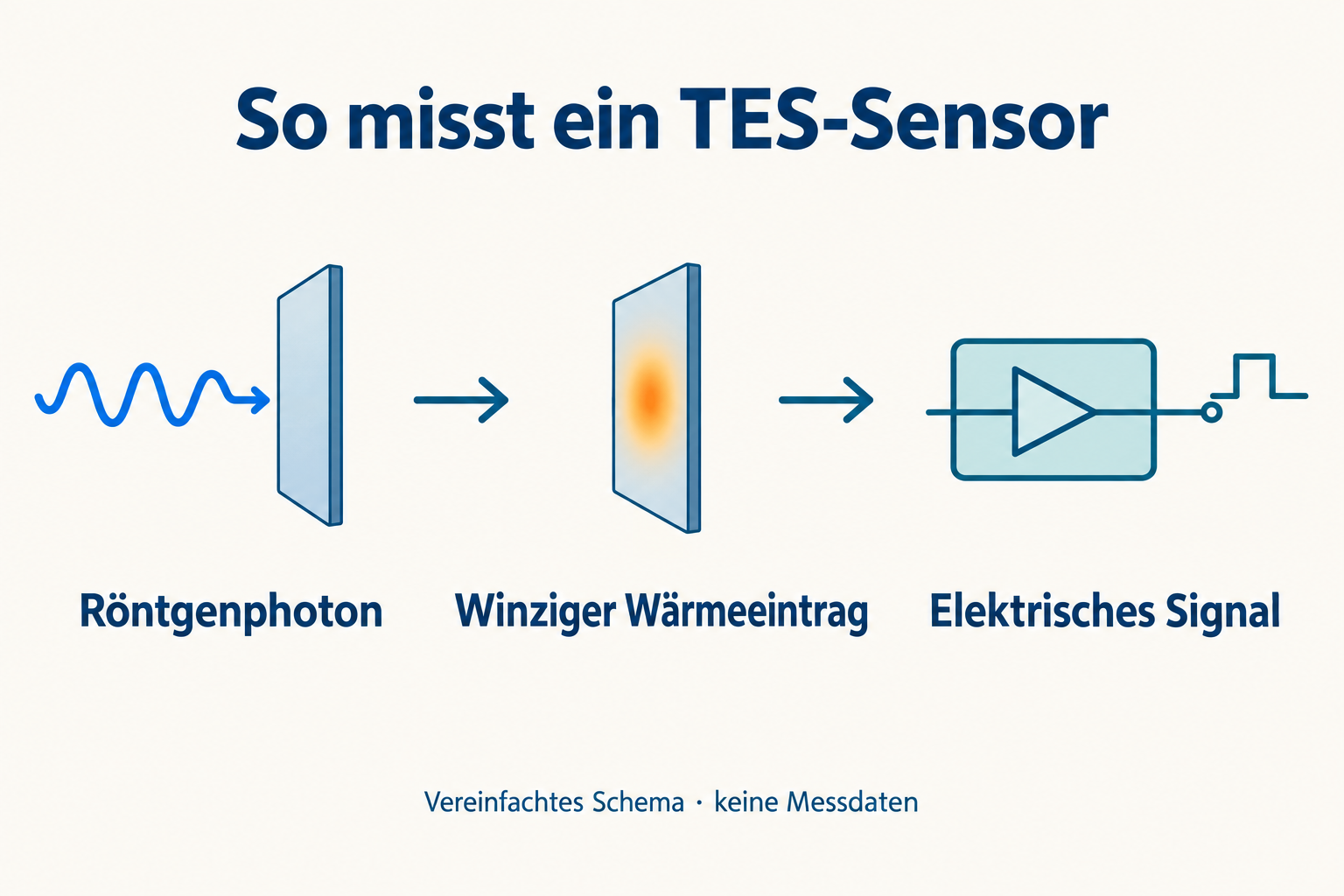 Drei Schritte zeigen ein Röntgenphoton, einen winzigen Wärmeeintrag und ein elektrisches Signal.