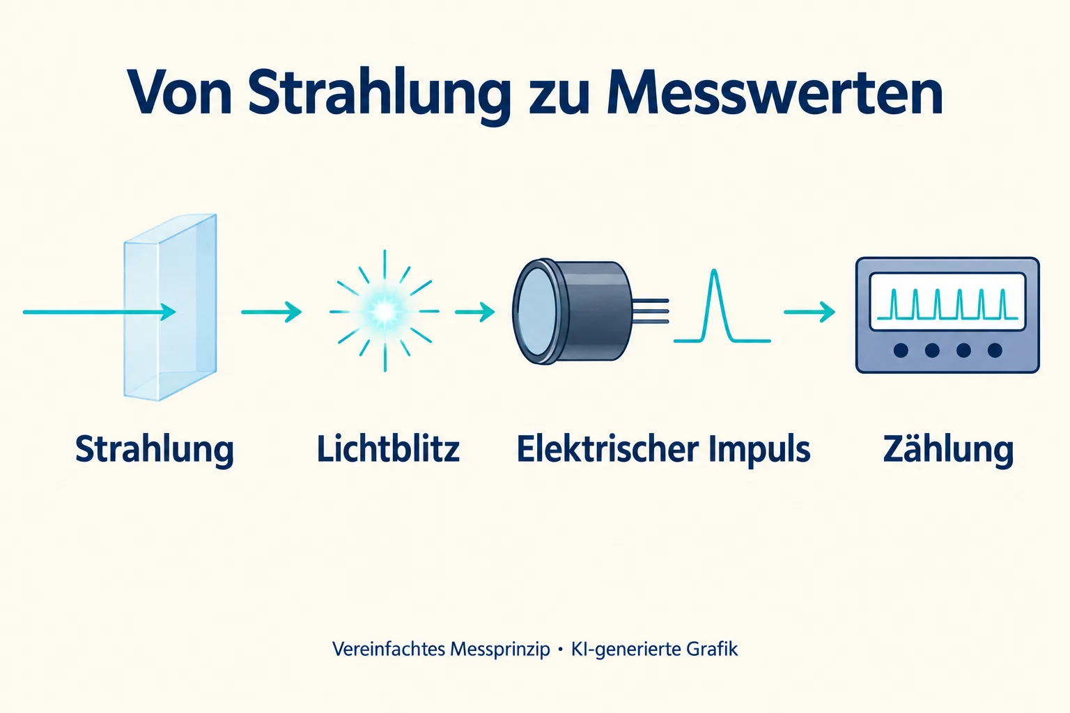 Vereinfachte Messkette: Strahlung trifft auf ein lichtemittierendes Material, ein Sensor wandelt das Licht in elektrische Impulse um, die Elektronik zählt sie.