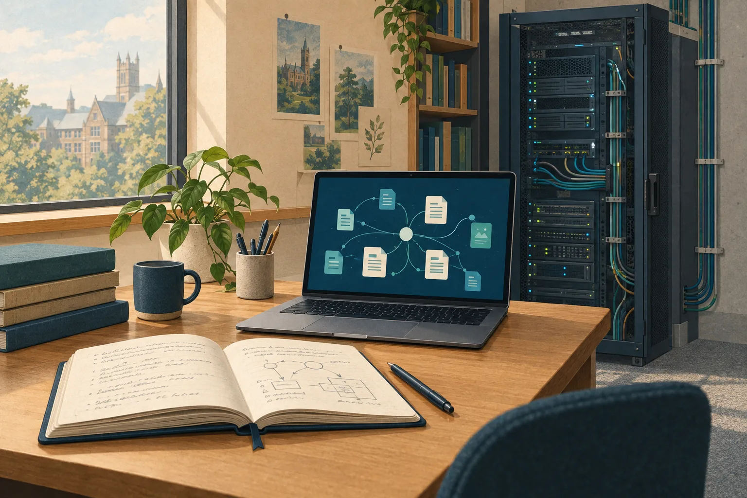 Laptop mit verknüpften Dokumentsymbolen auf einem Schreibtisch neben einem Serverschrank