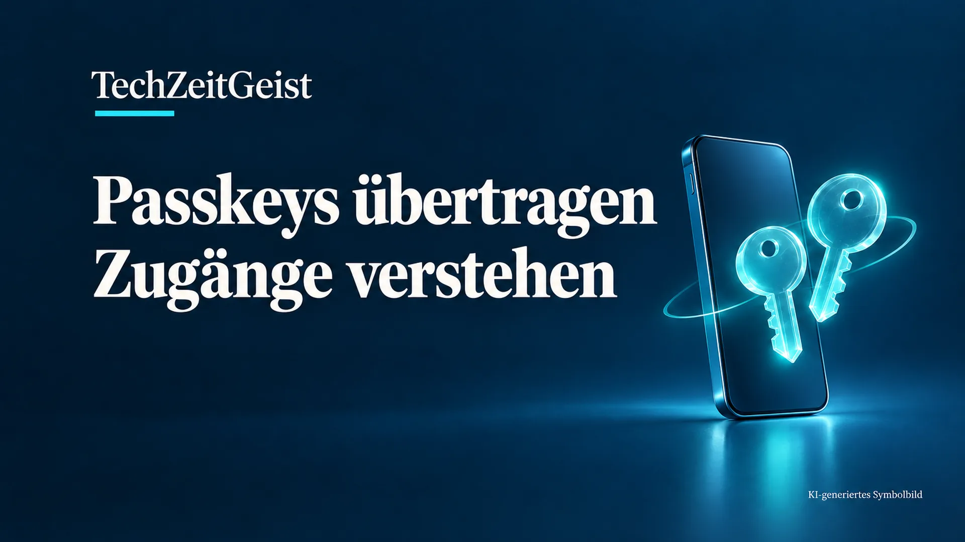 Smartphone mit zwei symbolischen Schlüsseln vor Navy-Hintergrund. Text: Passkeys übertragen, Zugänge verstehen.