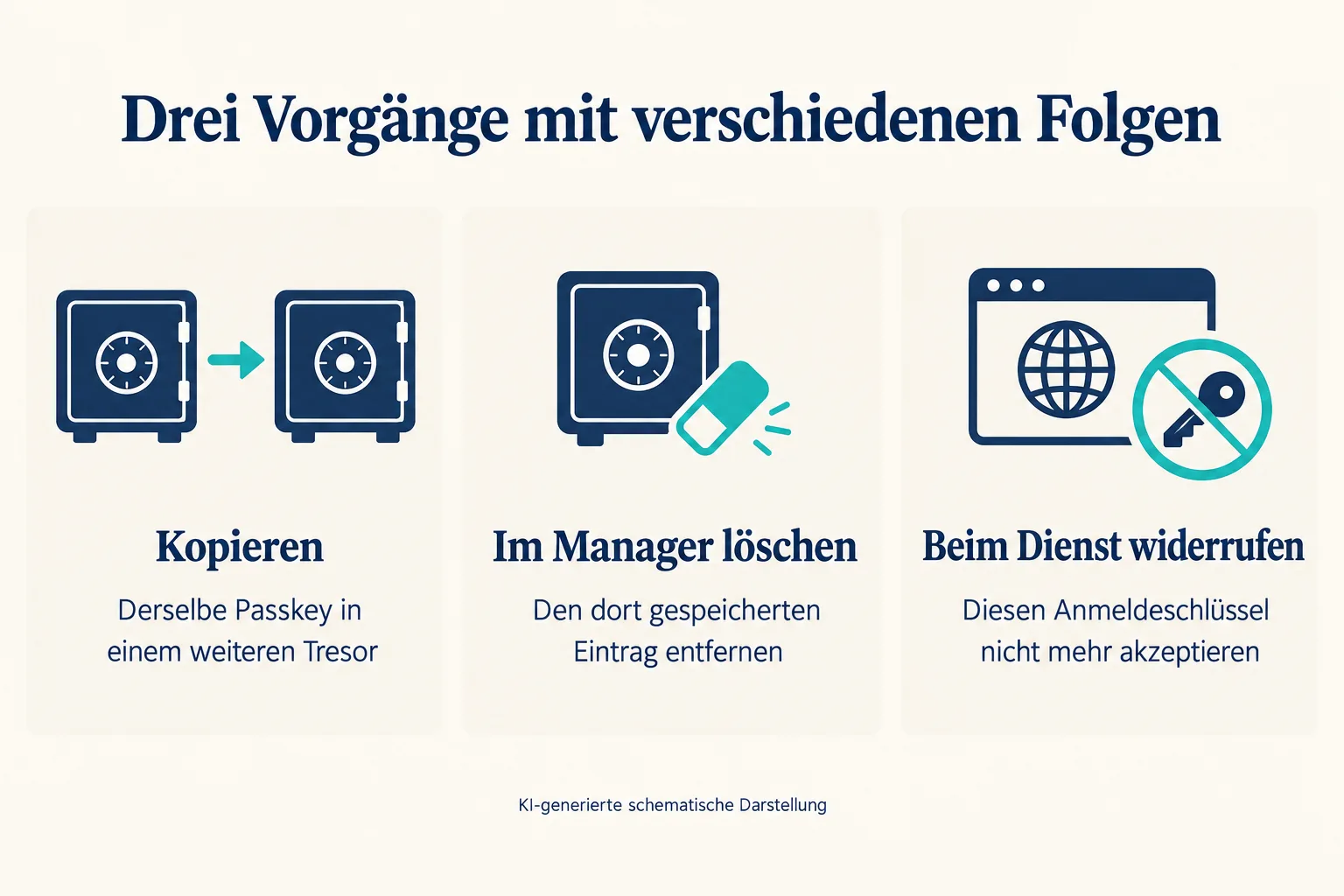 Drei Felder unterscheiden Kopieren zwischen Tresoren, Löschen im Manager und Widerrufen beim Onlinedienst.