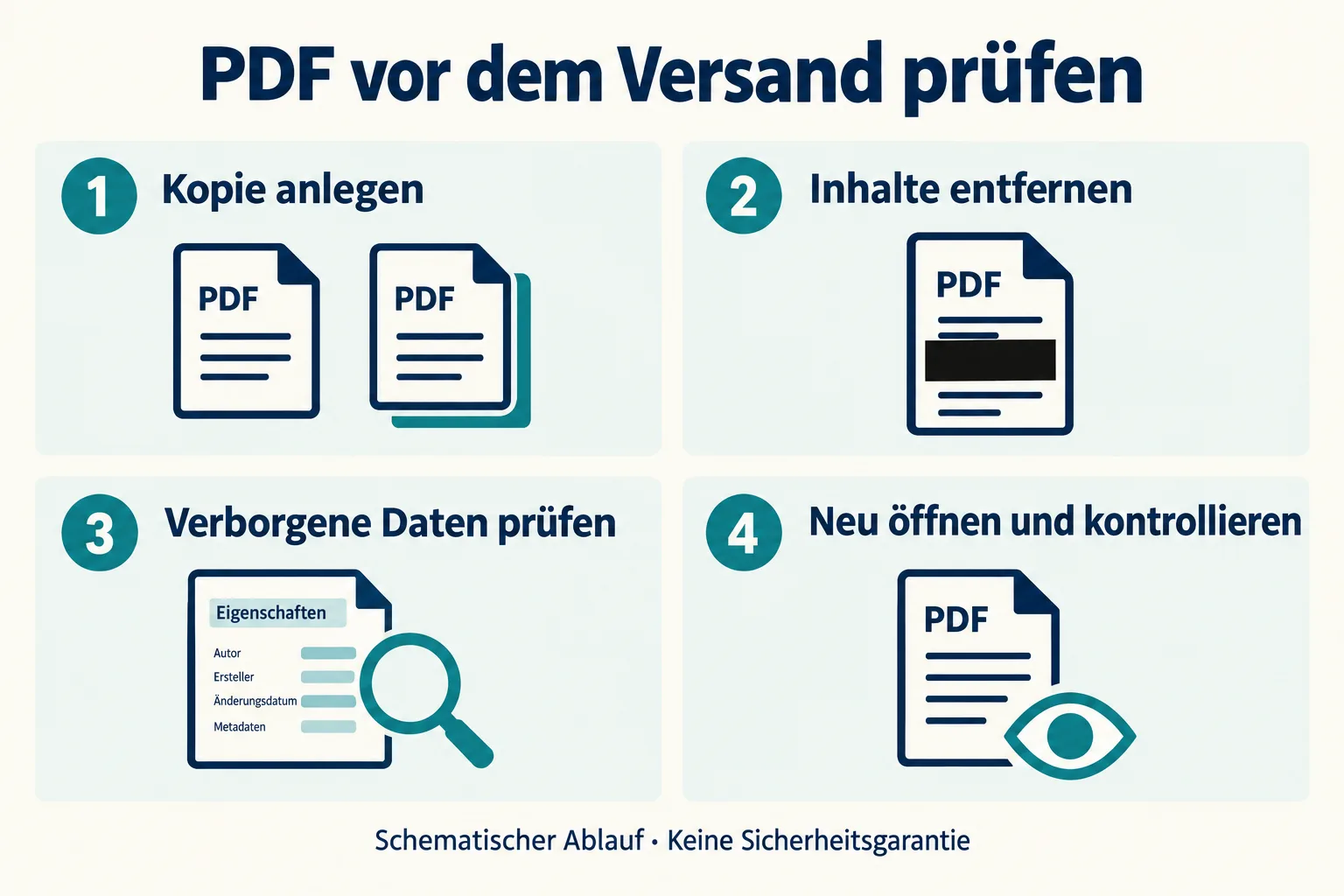 Vier Felder zeigen Kopie anlegen, Inhalte entfernen, verborgene Daten prüfen sowie neu öffnen und kontrollieren.