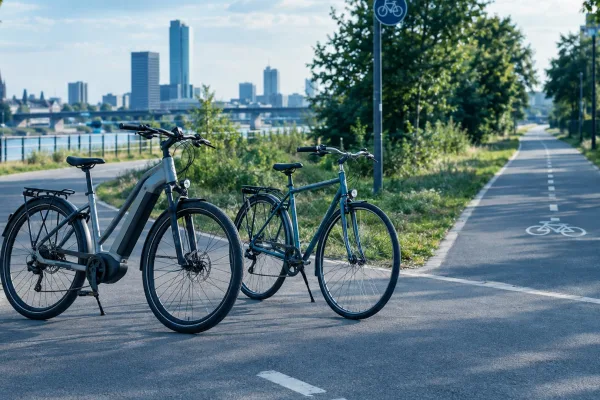 Pedelec und gewöhnliches Fahrrad stehen an einer Radwegkreuzung.