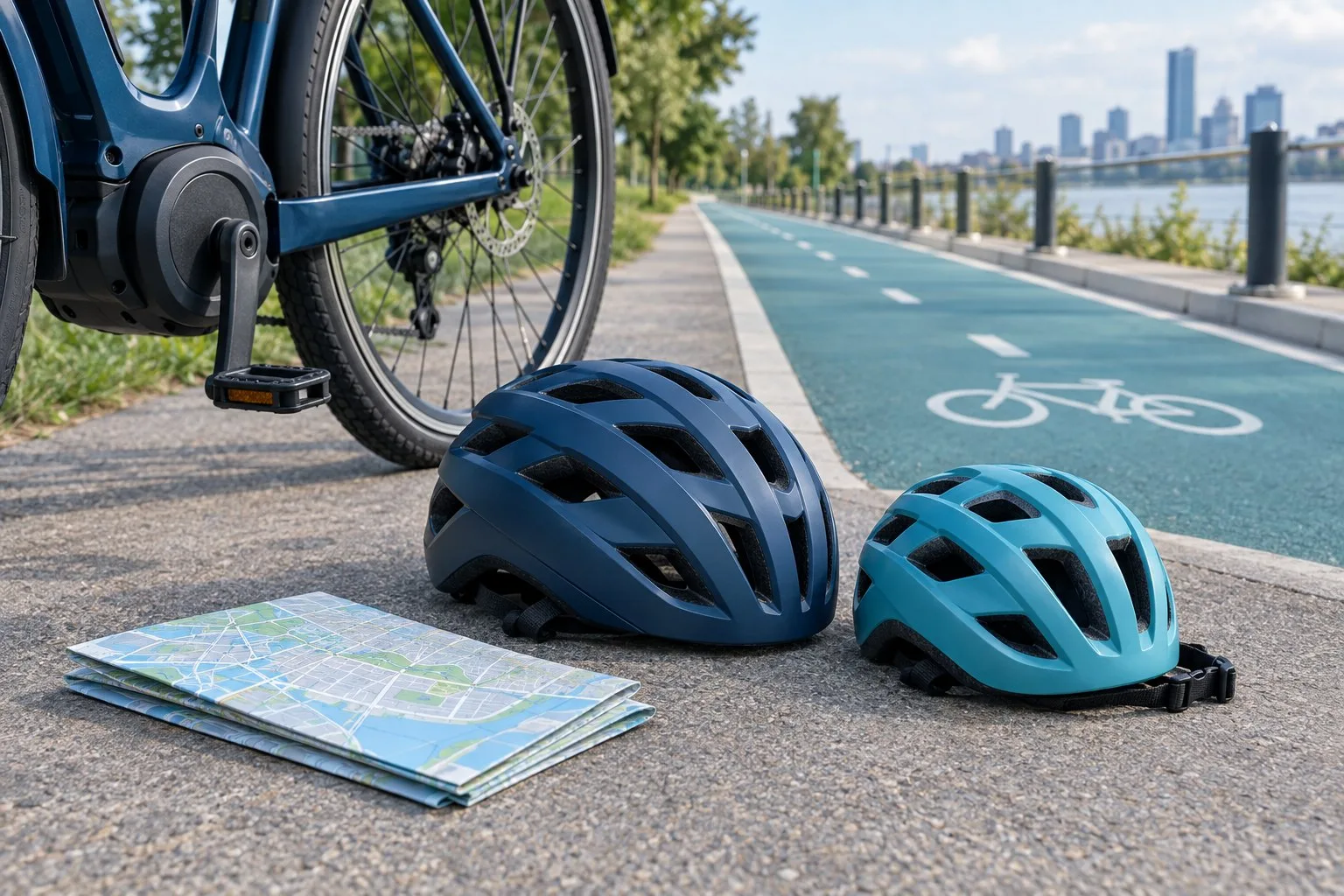 Zwei Fahrradhelme und eine Karte liegen neben einem Pedelec an einem geschützten Radweg.