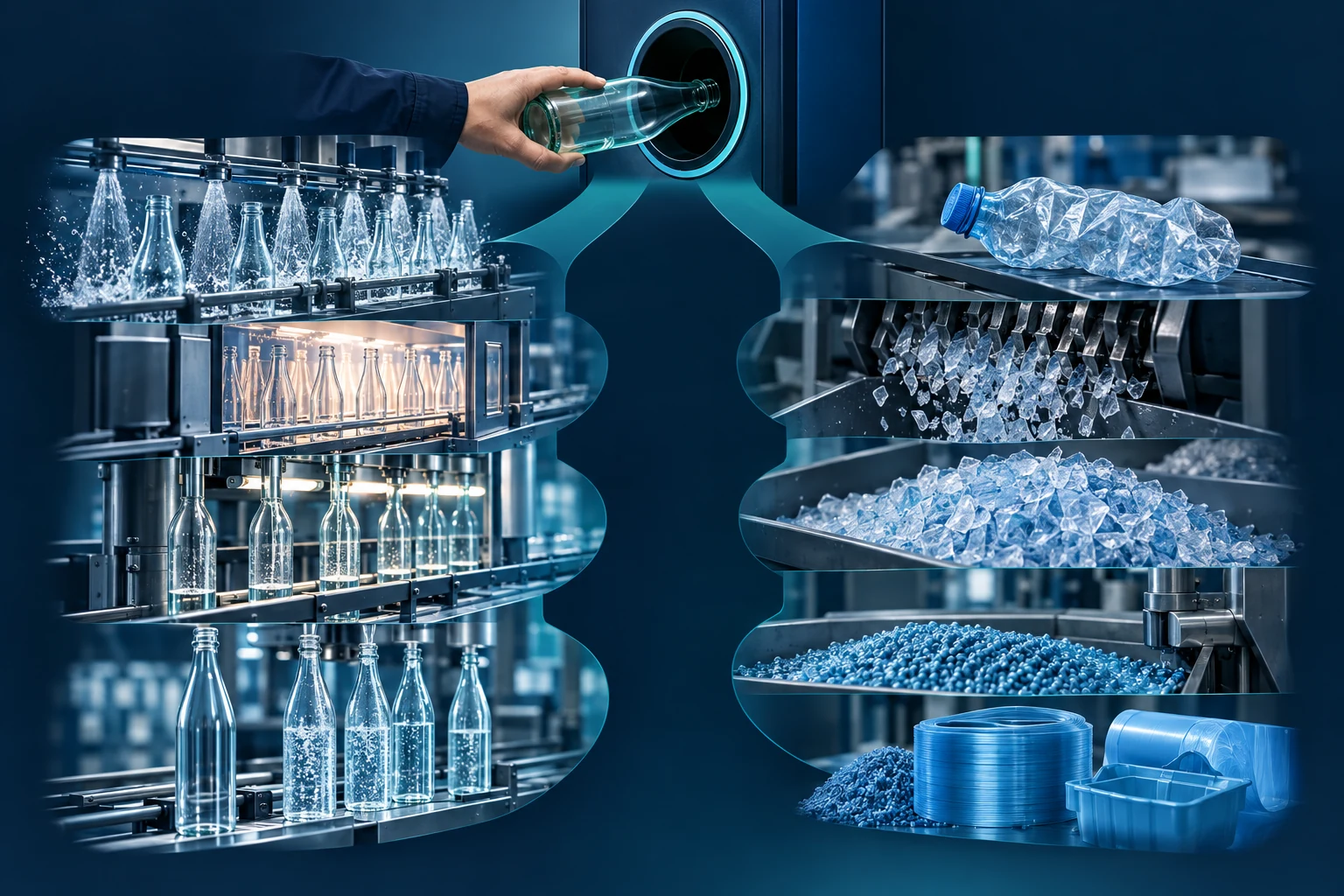 Schematischer Vergleich: Glasflasche wird gereinigt und wiederbefüllt, PET-Einwegflasche wird zerkleinert und als Material verarbeitet