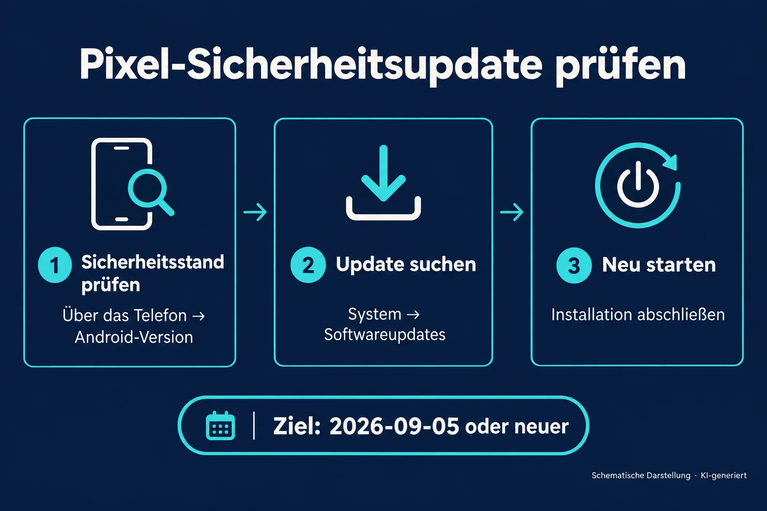 Drei Schritte zur Update-Prüfung: Sicherheitsstand ansehen, Softwareupdate suchen und Gerät neu starten.