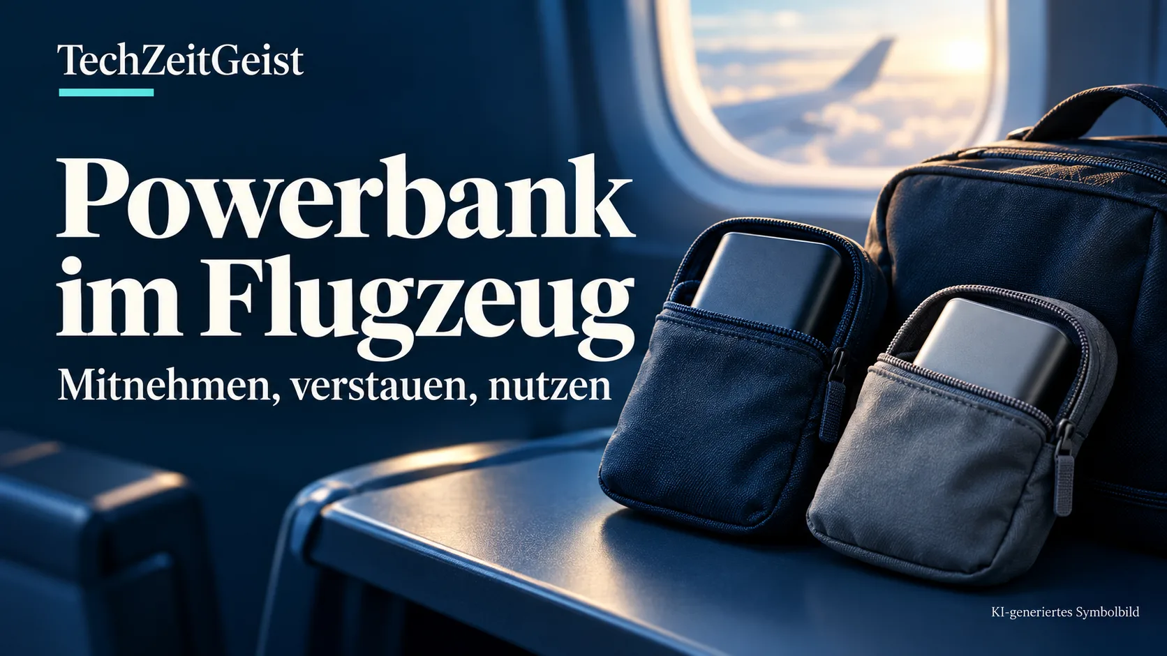 KI-Symbolbild mit zwei Powerbanks in separaten Schutzhüllen und der Überschrift Powerbank im Flugzeug vor dunkelblauem Hintergrund.