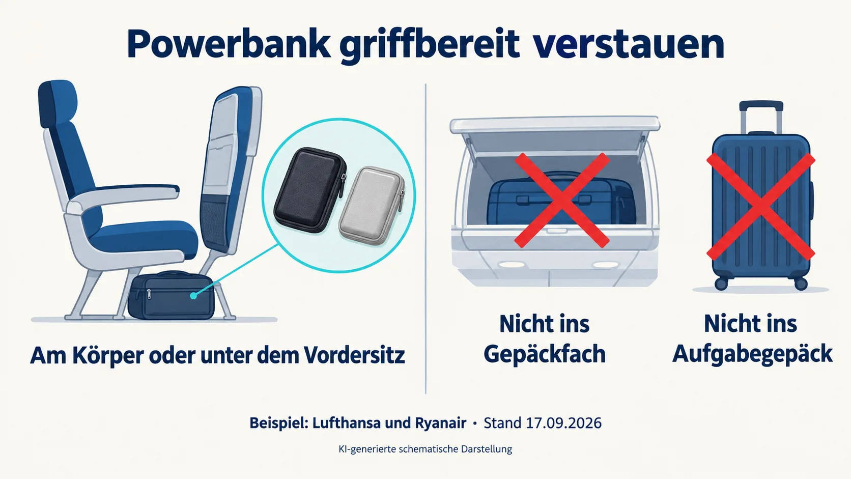 Schematische Packhilfe: Powerbanks einzeln geschützt am Körper oder in einer Tasche unter dem Vordersitz; Gepäckfach und Aufgabegepäck sind durchgestrichen.