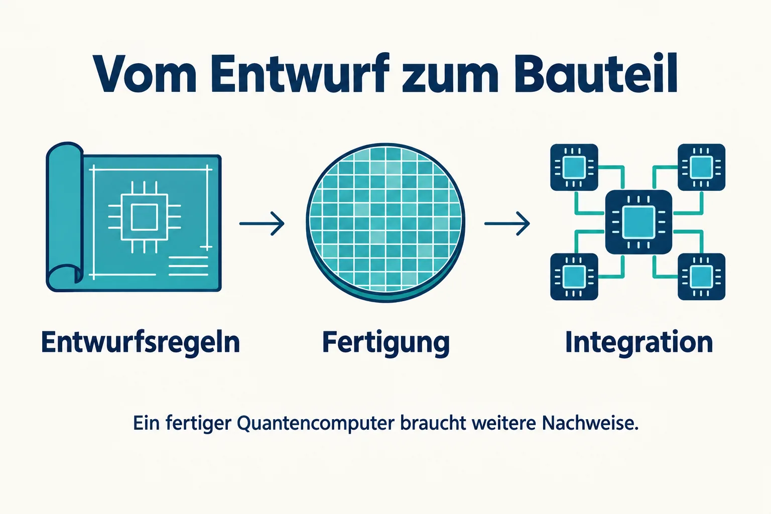 Schema mit Pfeilen von Entwurfsregeln über Fertigung zu Integration und dem Hinweis auf weitere Nachweise für einen Quantencomputer.