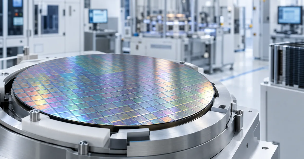 Ein schimmernder Siliziumwafer liegt in einer Halterung vor unscharfen Fertigungsanlagen.
