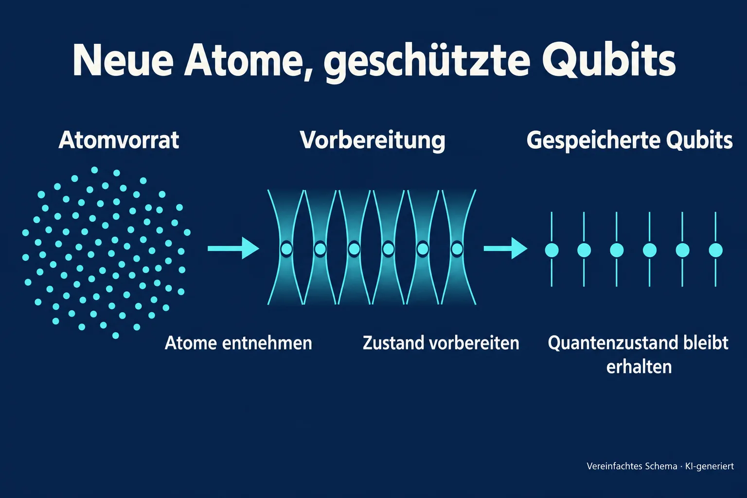 Schema mit Atomvorrat, Vorbereitung und gespeicherten Qubits; Pfeile zeigen den Transfer neuer Atome.