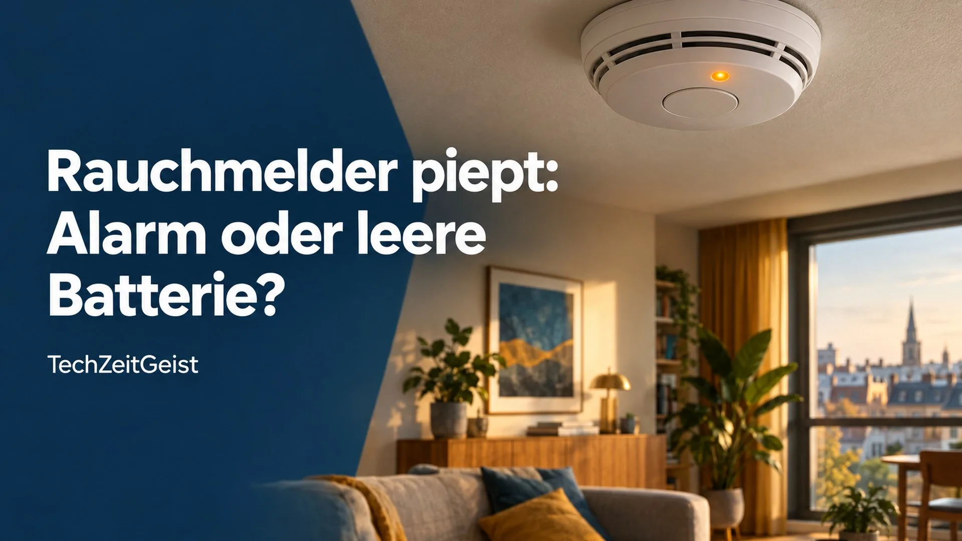 Rauchmelder an einer Zimmerdecke mit dem vollständigen Artikeltitel.
