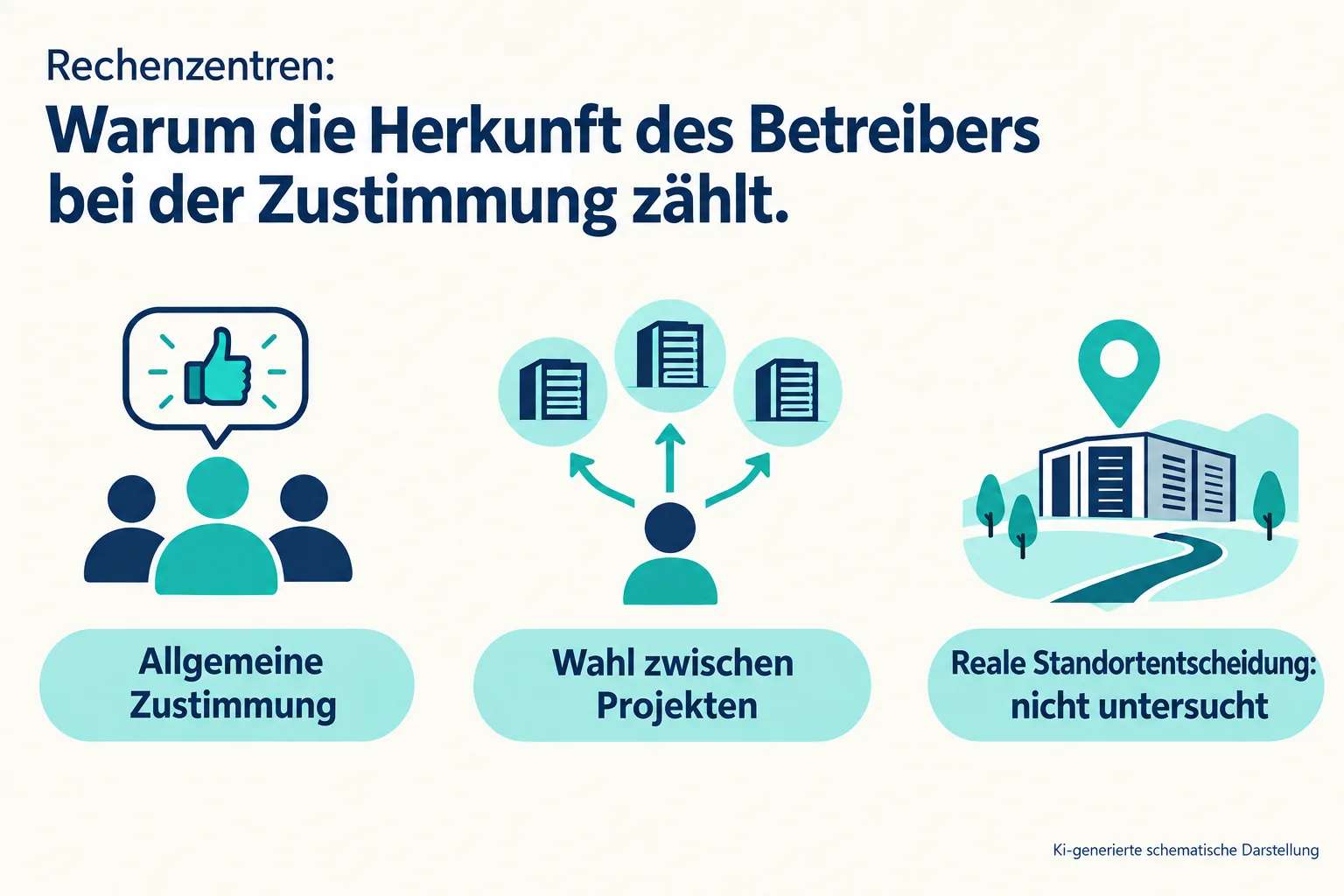 Drei getrennte Felder zeigen allgemeine Zustimmung, Projektwahl und die nicht untersuchte reale Standortentscheidung.
