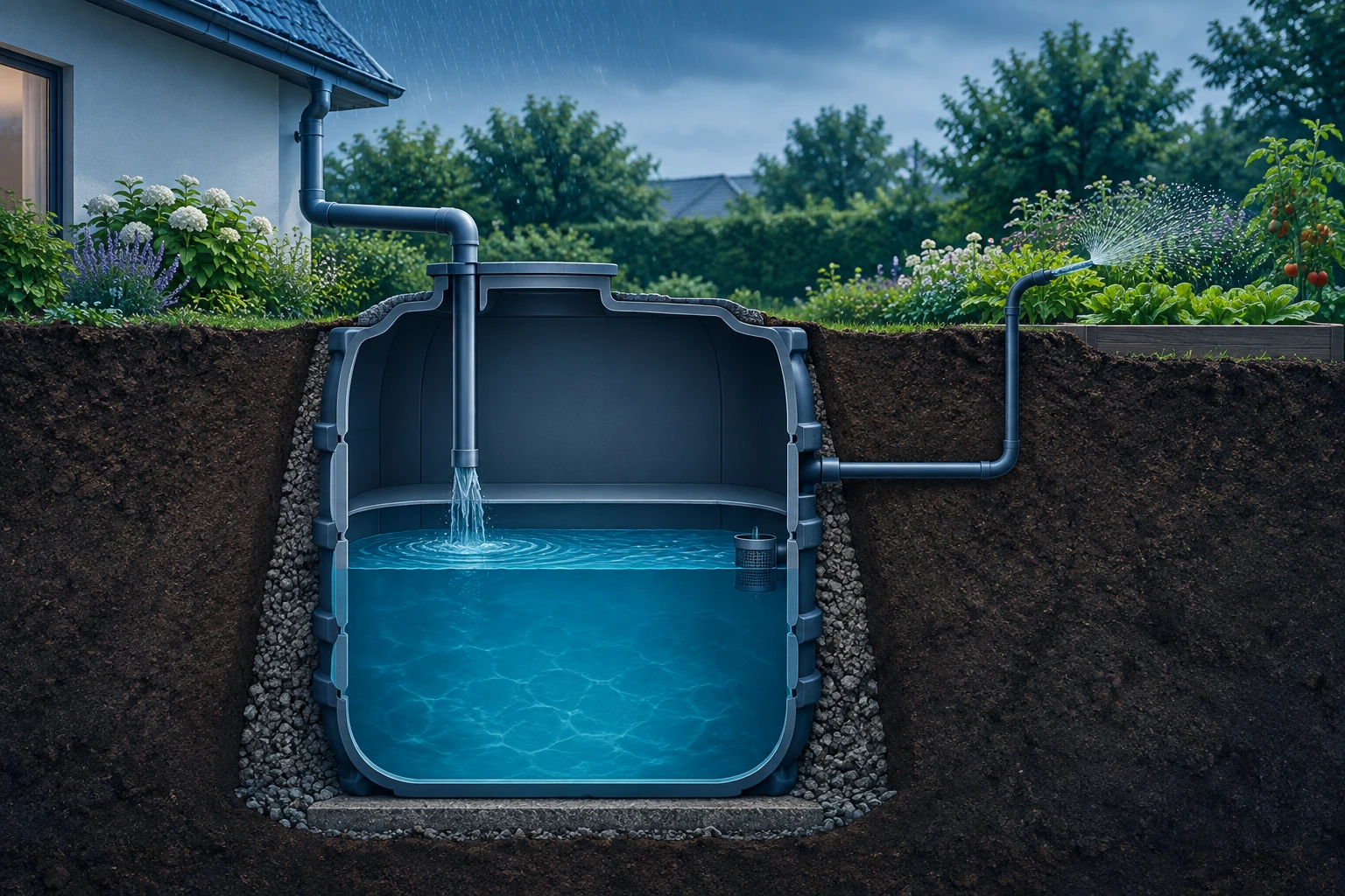 Schematischer Schnitt durch eine Regenwasserzisterne: Wasser unten, freier Raum darüber, Zulauf vom Dach und Nutzung im Garten