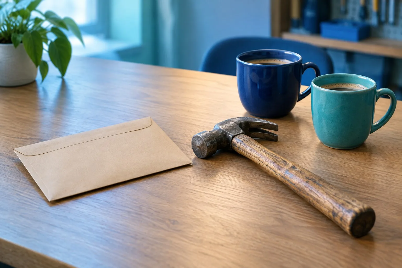Umschlag, Werkzeug und zwei Kaffeetassen stehen als Symbol für Einkommen, Freude an der Arbeit und Kontakt zu Kollegen auf einem Tisch.