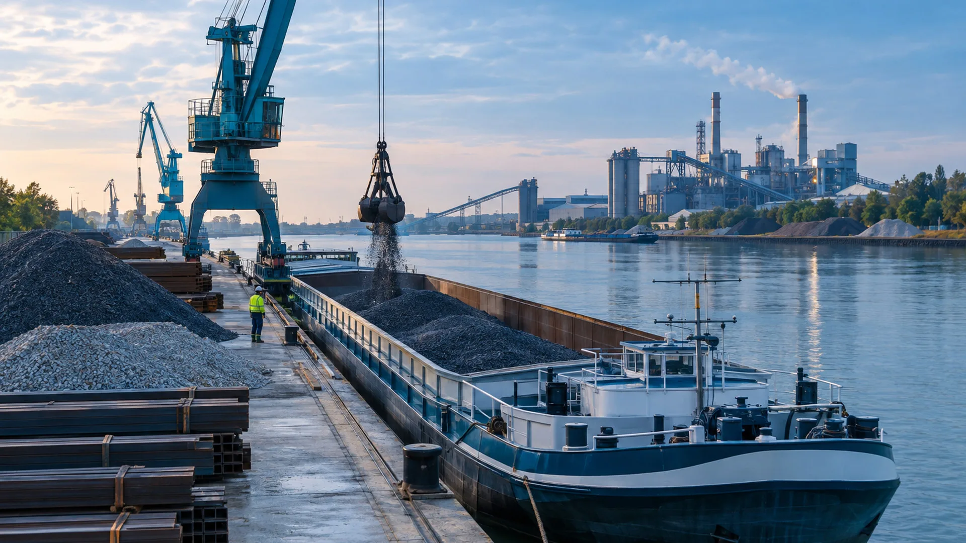 KI-Symbolbild: Frachtschiff wird an einem Binnenhafen neben Industrieanlagen beladen