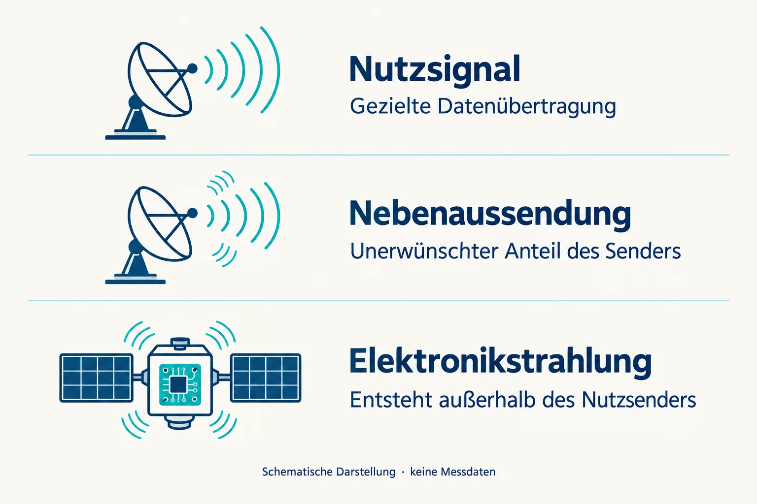 Drei schematische Reihen zeigen Nutzsignal aus einer Antenne, unerwünschte Senderanteile und Strahlung aus der Bordelektronik.