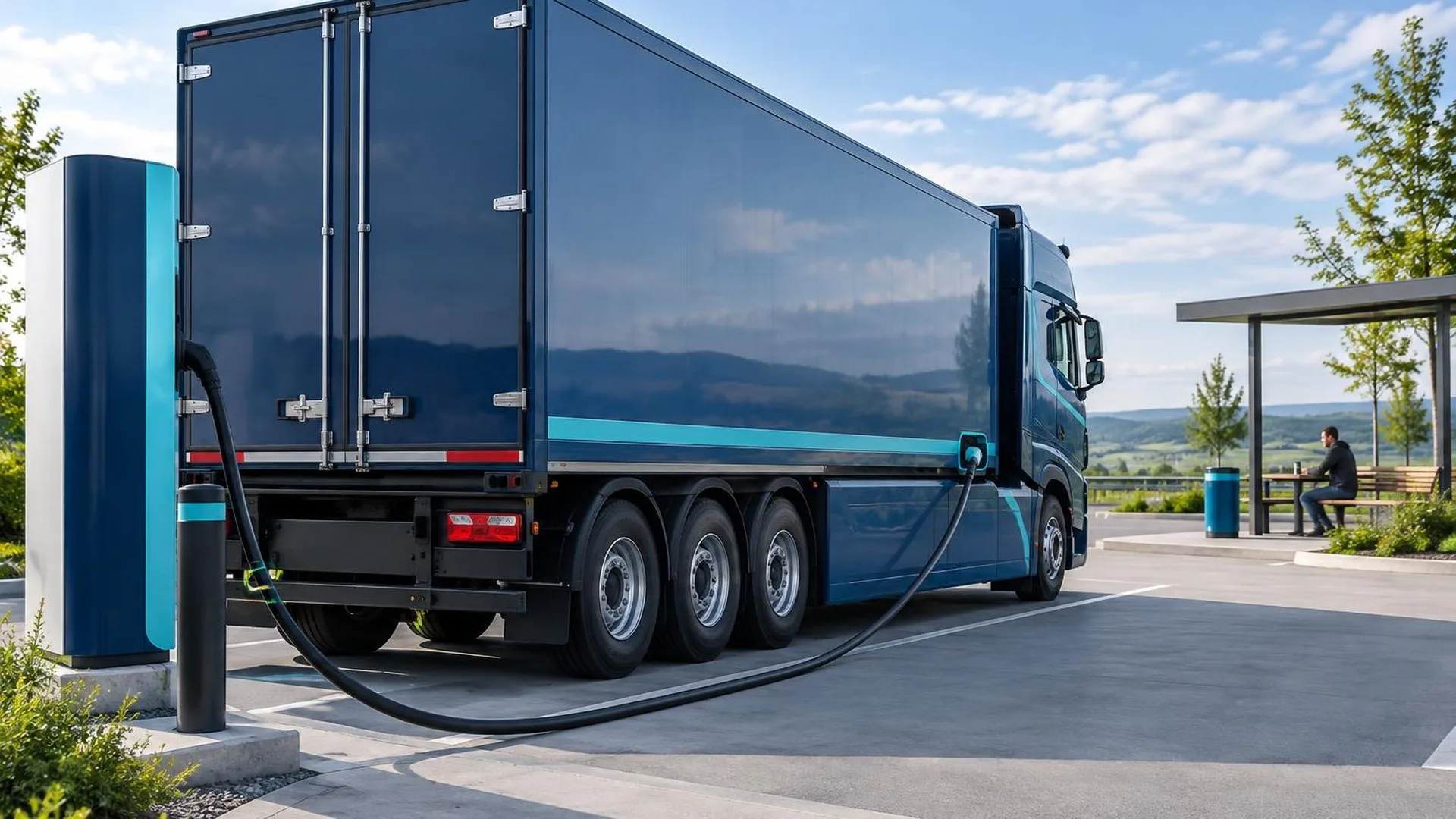 KI-Symbolbild: Elektro-Lkw lädt an einer Lkw-Ladesäule, während ein Fahrer Pause macht