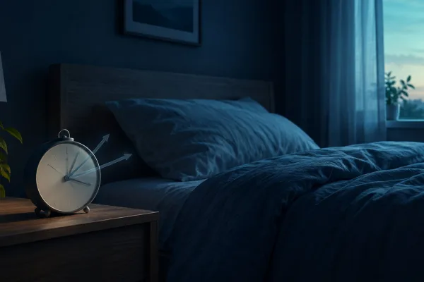Symbolisches Schlafzimmer mit einem Wecker und angedeuteten wechselnden Zeigerstellungen.