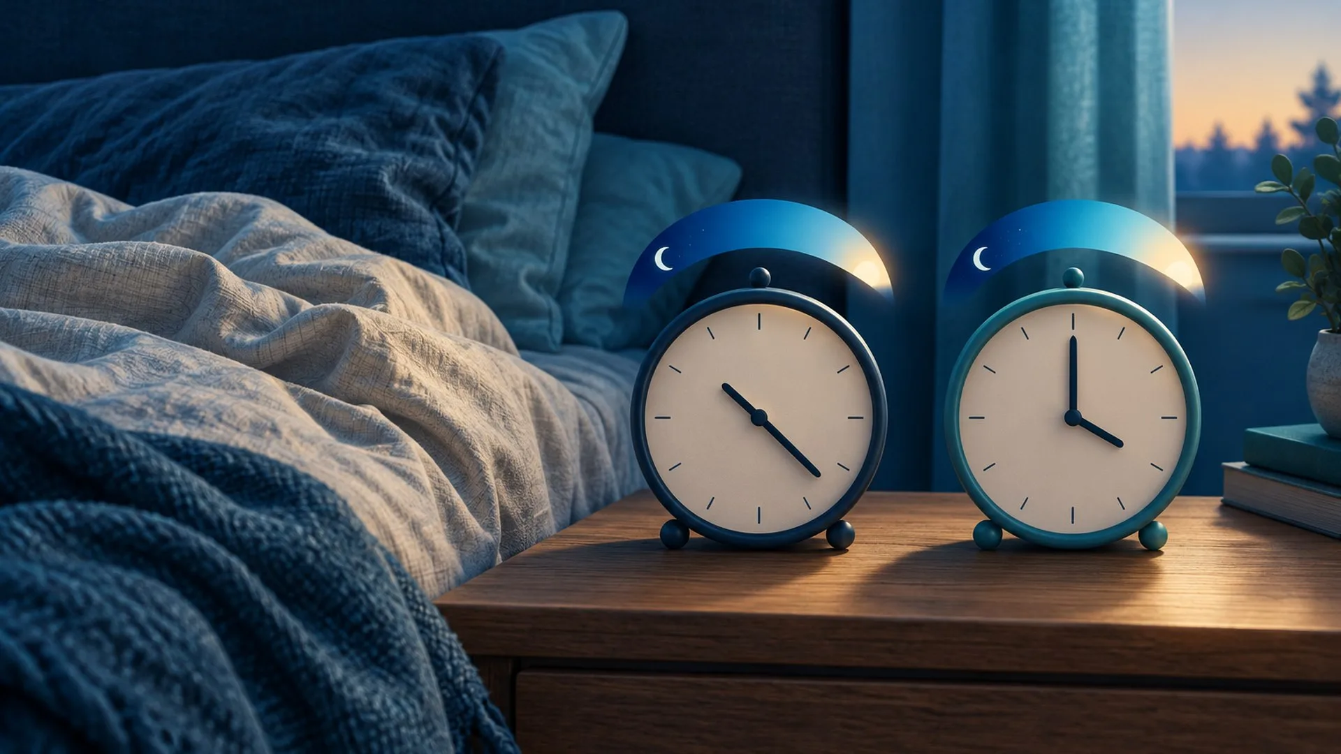 Zwei symbolische Uhren neben einem Bett zeigen verschiedene Schlafzeiten.