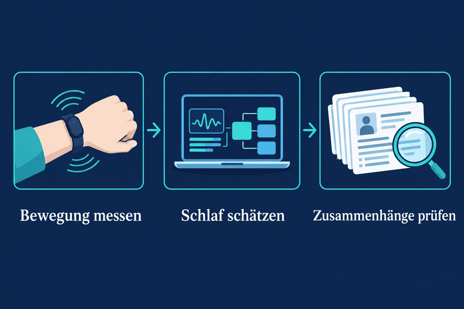 Drei Schritte zeigen einen Bewegungssensor am Handgelenk, die rechnerische Schlafschätzung und die Prüfung von Zusammenhängen mit Gesundheitsdaten.