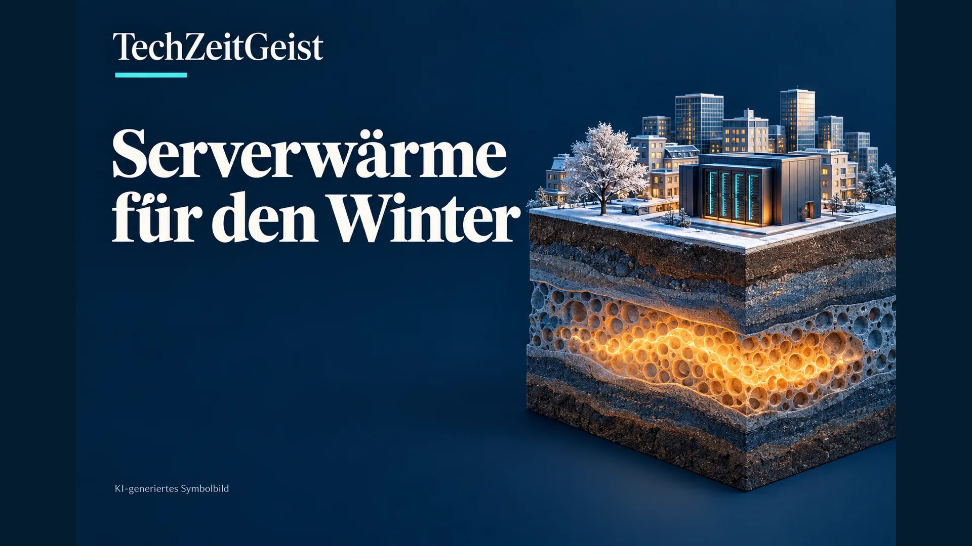 KI-Symbolbild: Rechenzentrum und winterliche Stadt über einem leuchtenden Bereich in einer Gesteinsschicht; Text Serverwärme für den Winter.
