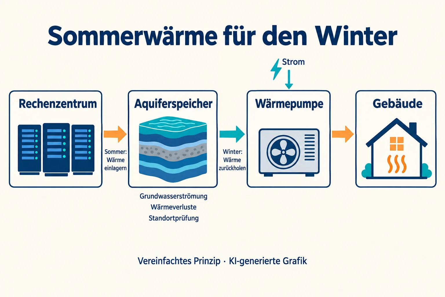 Schematischer Energiefluss vom Rechenzentrum über Aquiferspeicher und strombetriebene Wärmepumpe zum Gebäude; Sommer und Winter sowie Standortbedingungen sind gekennzeichnet.