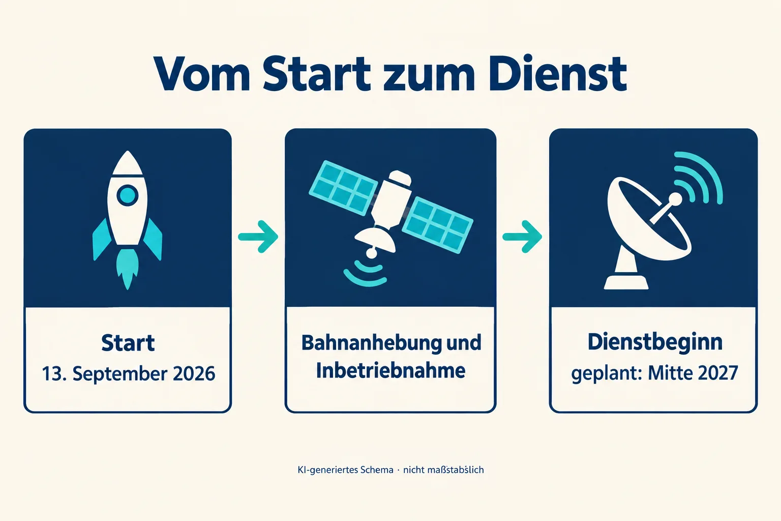 Ablaufgrafik mit den Schritten Start am 13. September 2026, Bahnanhebung und Inbetriebnahme sowie geplanter Dienstbeginn Mitte 2027.