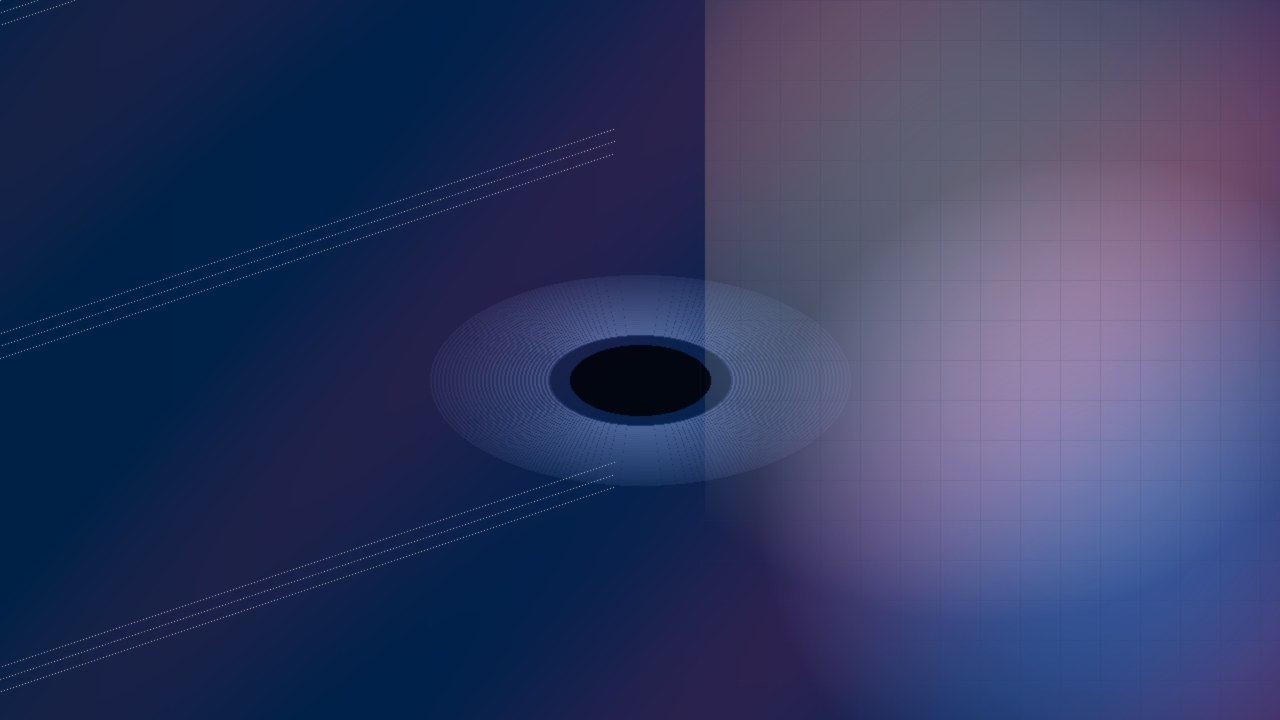 Abstrakte Bildmetapher: Ereignishorizont zwischen Kosmos und Rechenzentrum – Informationsbruch, keine Gleichsetzung von Physik und KI