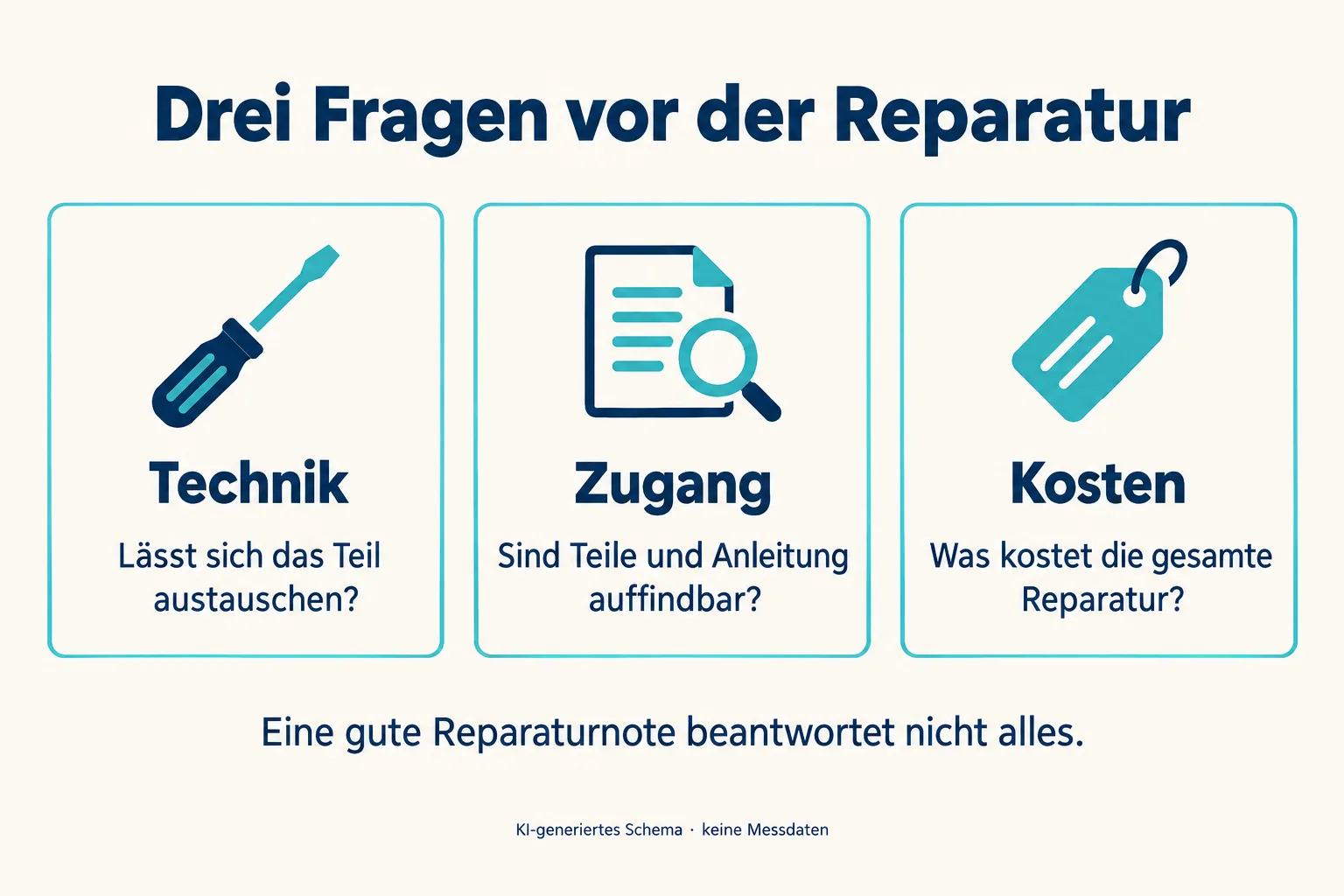 Schema mit drei Fragen: Lässt sich das Teil austauschen, sind Teile und Anleitung auffindbar und was kostet die gesamte Reparatur?