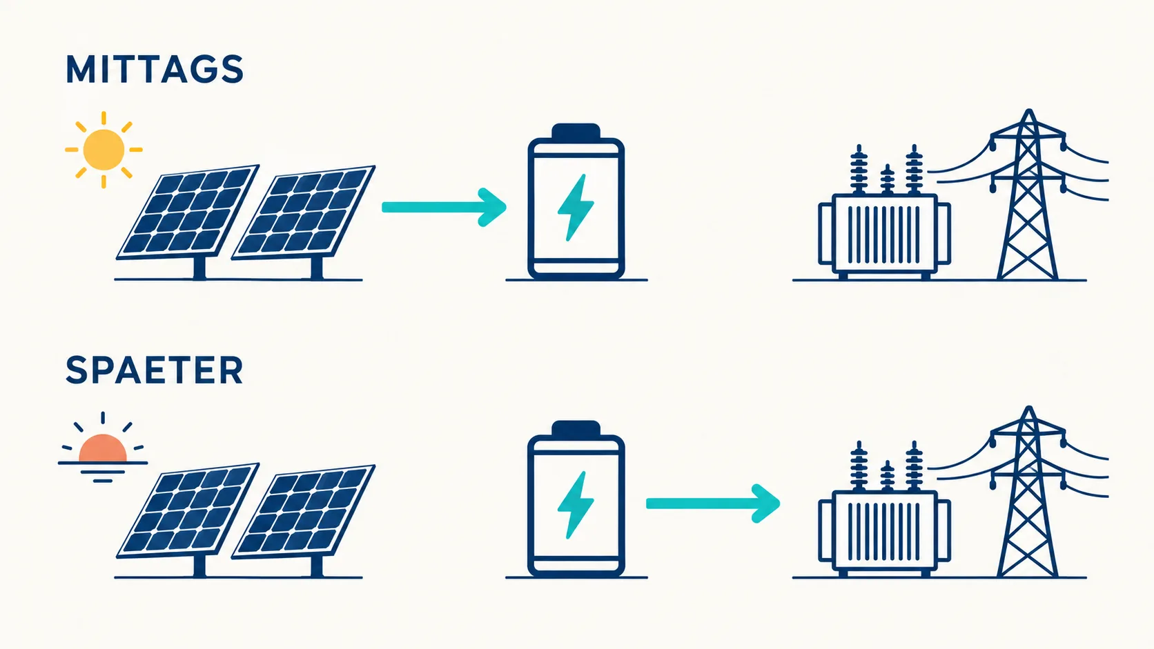 Schema: Mittags fließt Energie von Solarmodulen in eine Batterie, später von der Batterie zum Transformator.