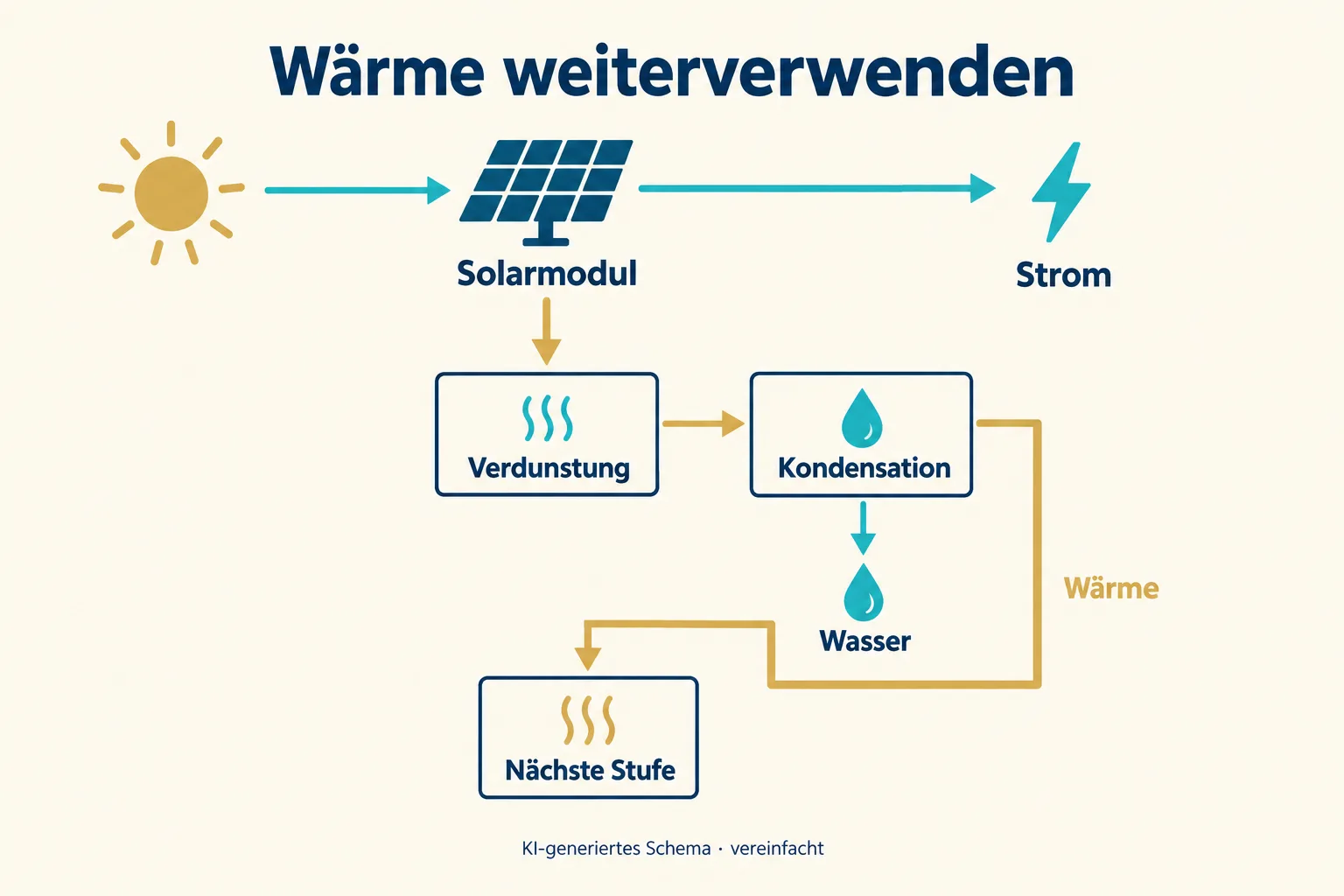 Vereinfachtes Schema: Ein Solarmodul liefert Strom und Wärme für Verdunstung. Kondensation liefert Wasser und gibt Wärme an eine nächste Stufe weiter.