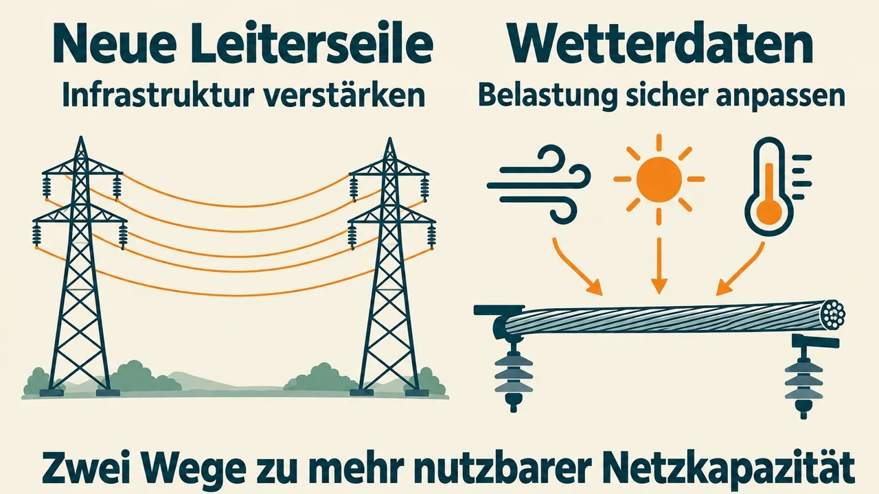 Zwei ergänzende Wege: leistungsfähigere Leiterseile und wetterabhängige Bewertung der zulässigen Strombelastung.