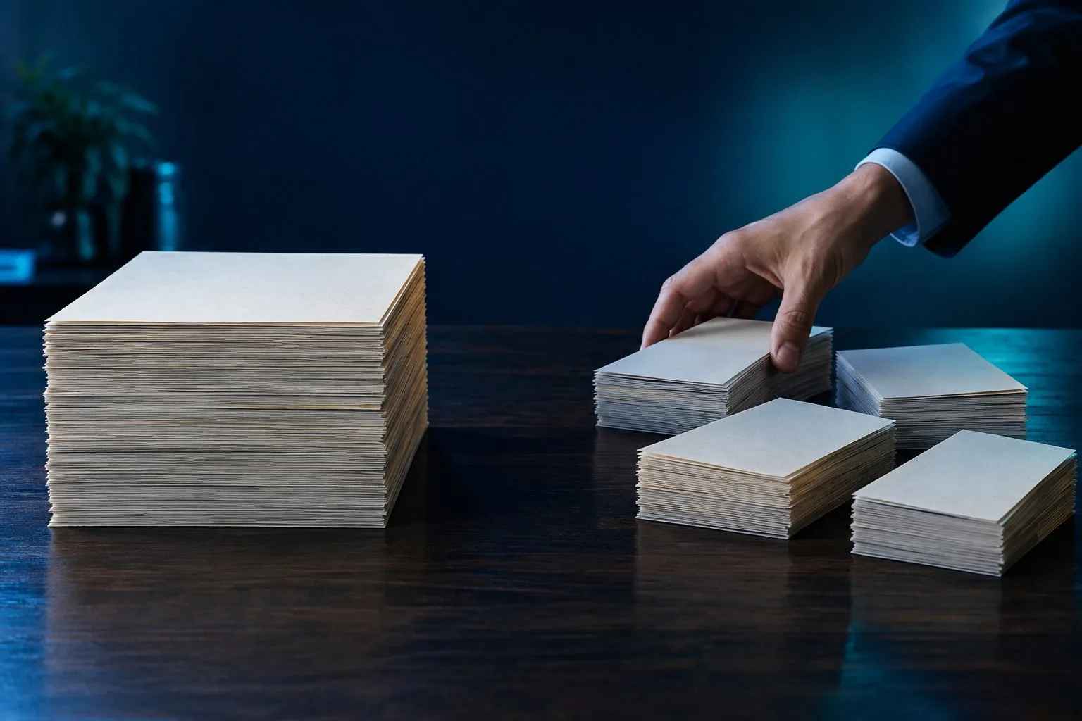 Mehrere unbeschriftete Papierstapel werden auf einem Tisch verteilt