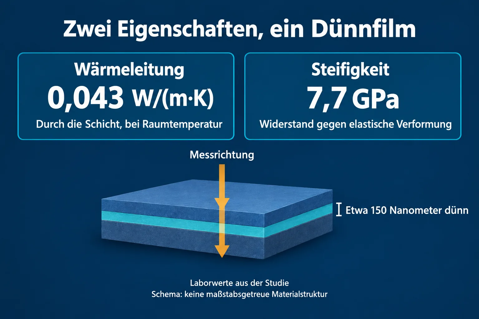 Zwei Kennwerte des Laborfilms: Wärmeleitfähigkeit durch die Schicht von 0,043 Watt pro Meter und Kelvin sowie Steifigkeit von 7,7 Gigapascal; darunter ein Schichtschema mit Messrichtung.