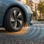 Autoreifen auf Asphalt vor einer städtischen Straße und einer Ampel.