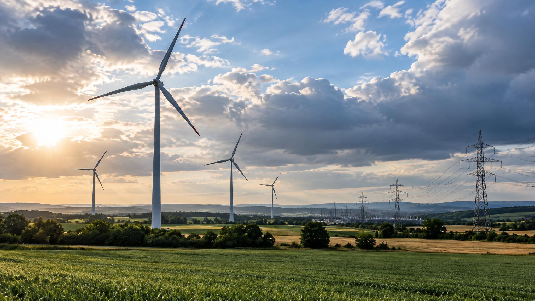 Windräder und Stromleitungen unter wechselndem Himmel, redaktionelles Bild