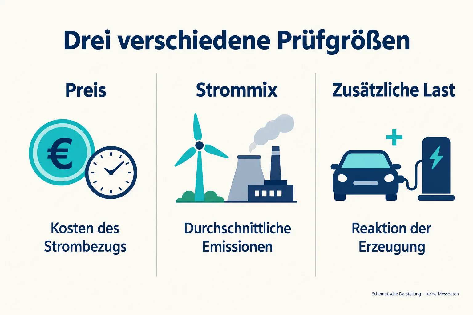 Drei schematische Felder unterscheiden Strompreis, durchschnittlichen Strommix und die Reaktion auf zusätzlichen Verbrauch.