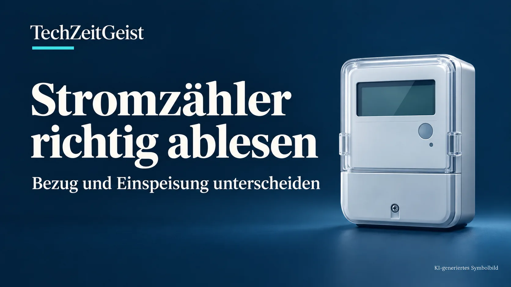 Navyfarbenes Titelbild mit weißer Serifenschrift Stromzähler richtig ablesen und einem geschlossenen symbolischen Stromzähler.