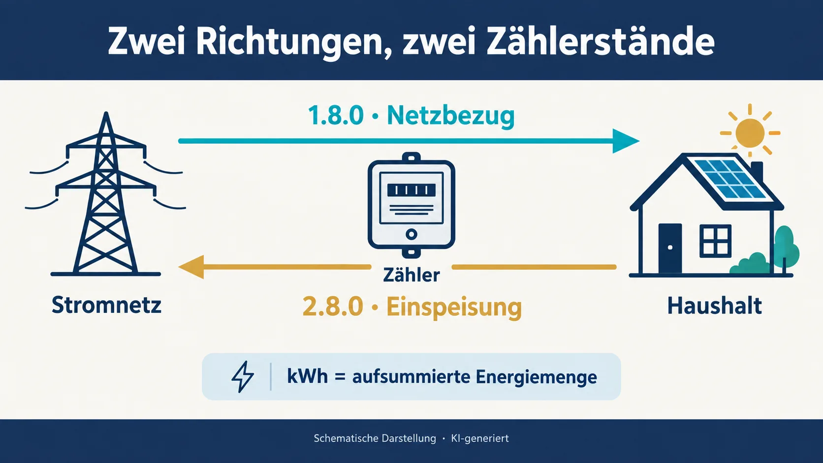 Schema mit Stromnetz links, Zähler in der Mitte und Haushalt rechts: 1.8.0 zeigt den Bezug zum Haus, 2.8.0 die Einspeisung zum Netz.