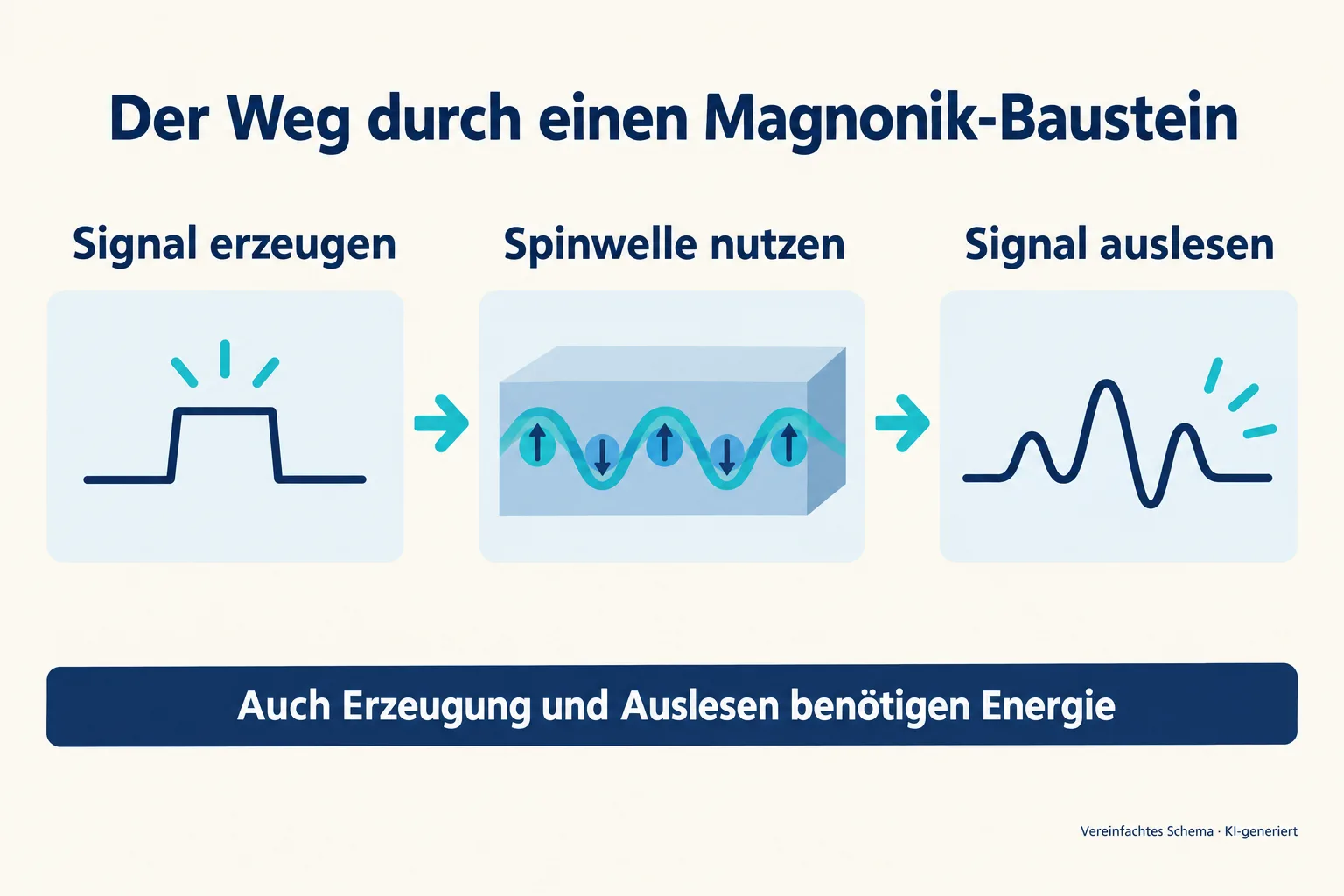 Drei verbundene Schritte: Signal erzeugen, Spinwelle nutzen und Signal auslesen.