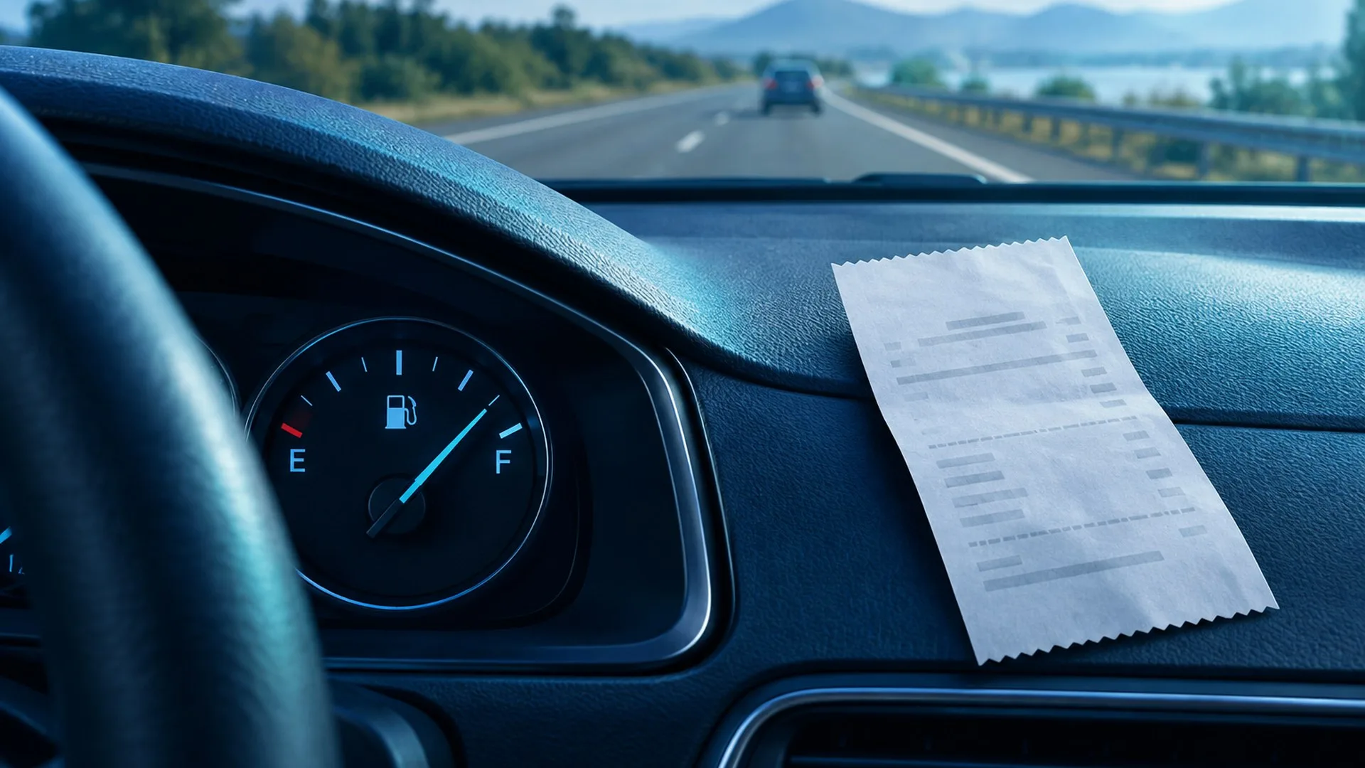 KI-Symbolbild: Tankanzeige und unbeschrifteter Kassenbeleg im Auto