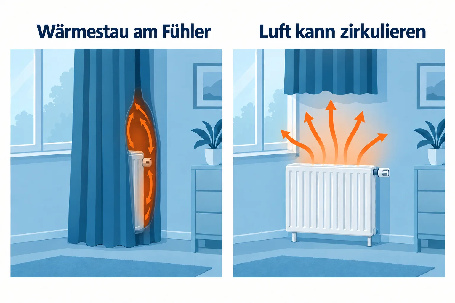 Zwei schematische Raumansichten: Ein Vorhang hält warme Luft am Heizkörper zurück; bei freiem Heizkörper steigt sie in den Raum.